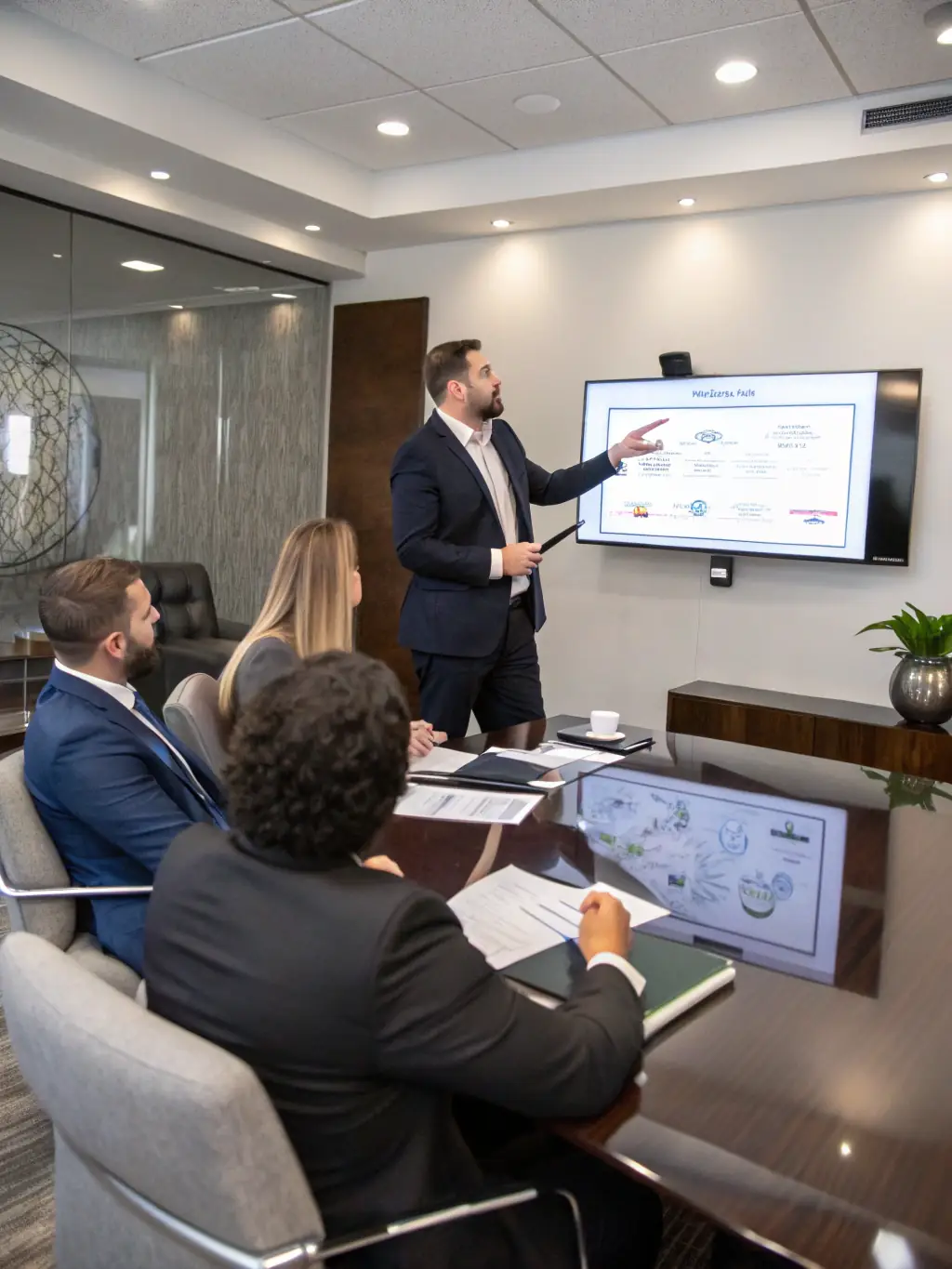 A UK business leader confidently presenting a strategic plan to their team, highlighting the impact of effective leadership skills.