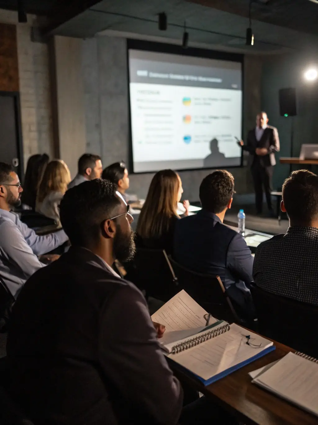 An image of a business coach facilitating a leadership skills workshop with UK professionals, emphasizing strategic thinking and decision-making.