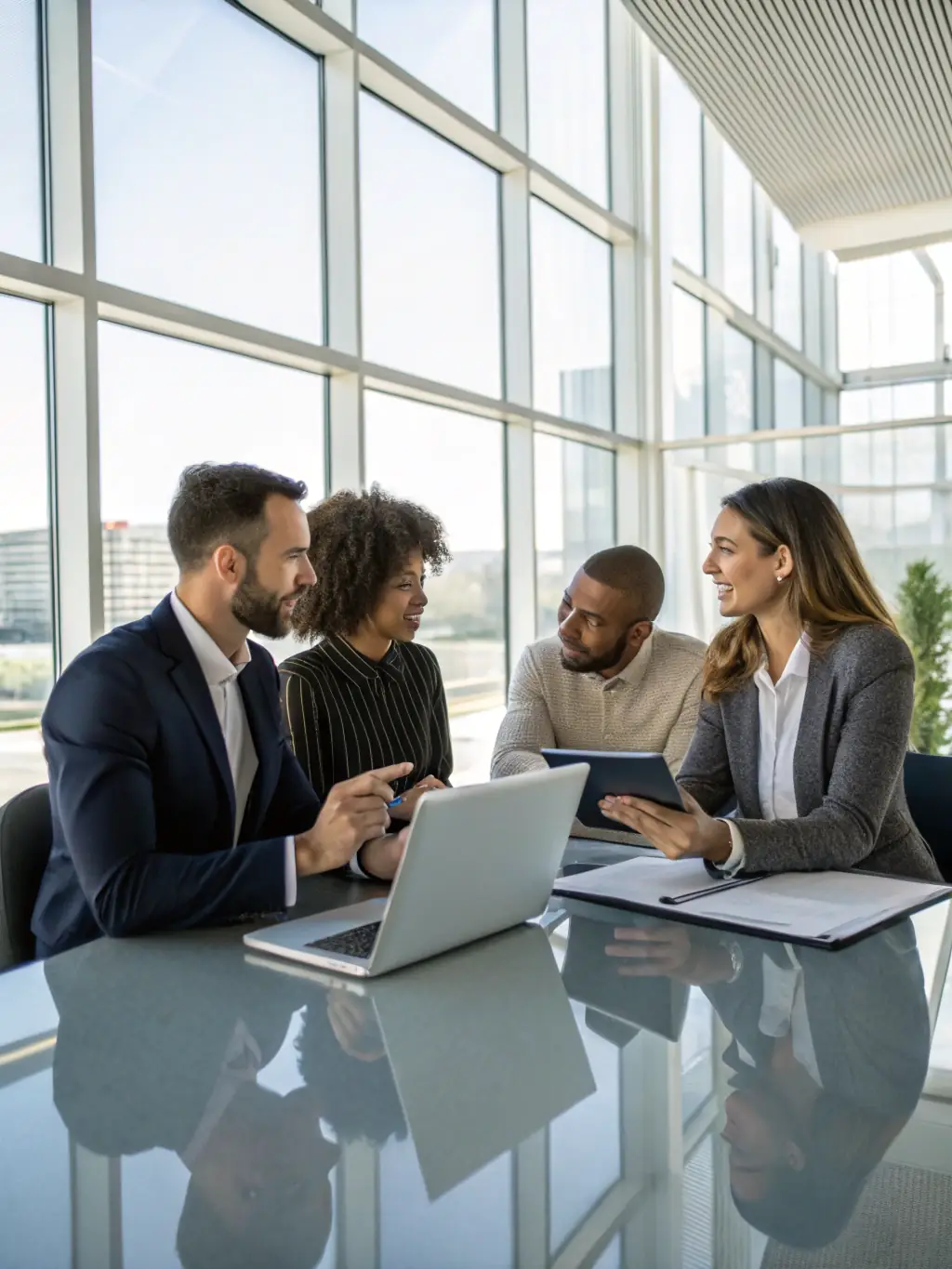 A diverse team of UK professionals collaborating effectively in a modern office, showcasing improved team dynamics and communication.