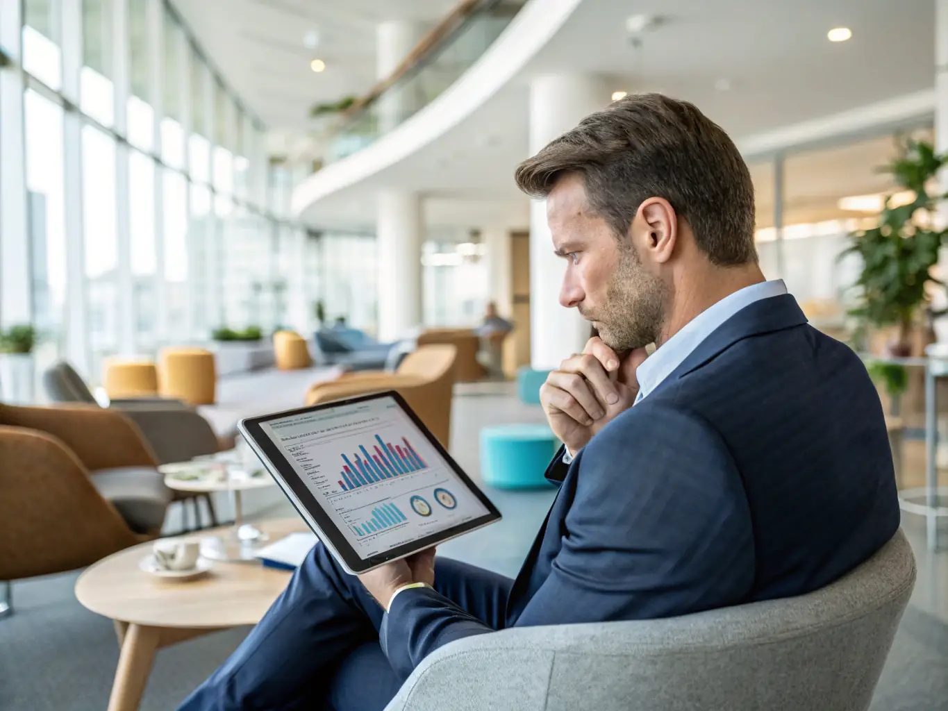 A British business leader using a tablet to analyze data, with charts and graphs visible on the screen.