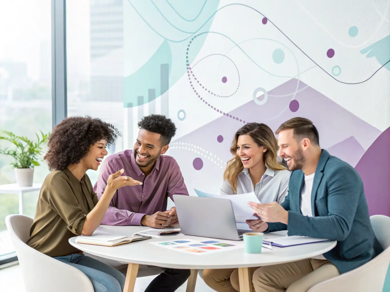 A diverse team of British professionals collaborating around a table in a bright, modern office, brainstorming ideas.