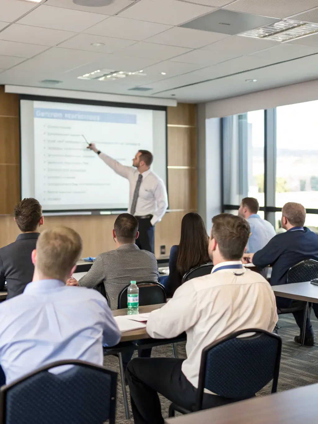 A coach leading a workshop on effective communication skills, with participants practicing active listening and clear articulation, in a training room in Birmingham.