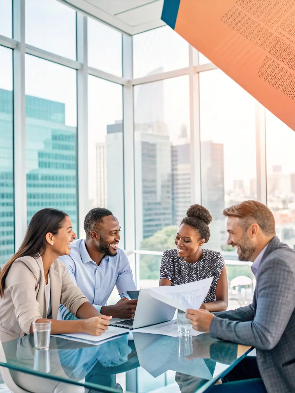A diverse team of professionals collaborating effectively in a meeting, showcasing positive team dynamics and communication, in a bright and modern office space in Manchester.