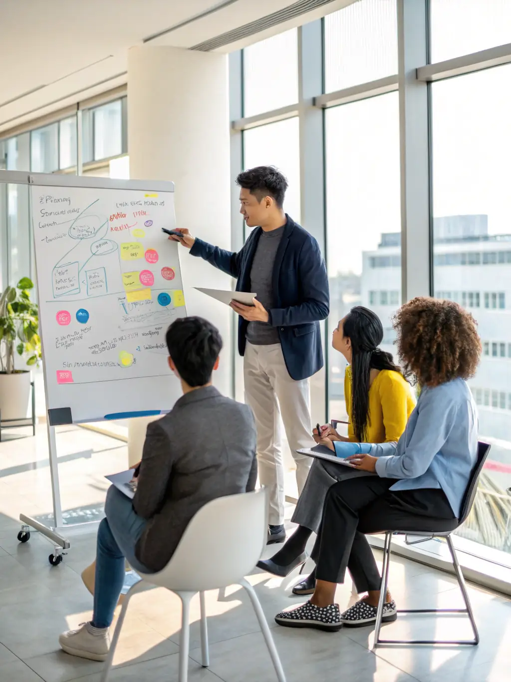 A professional coach facilitating a leadership skills workshop, with participants actively engaged in a brainstorming session, set in a modern office environment in London.