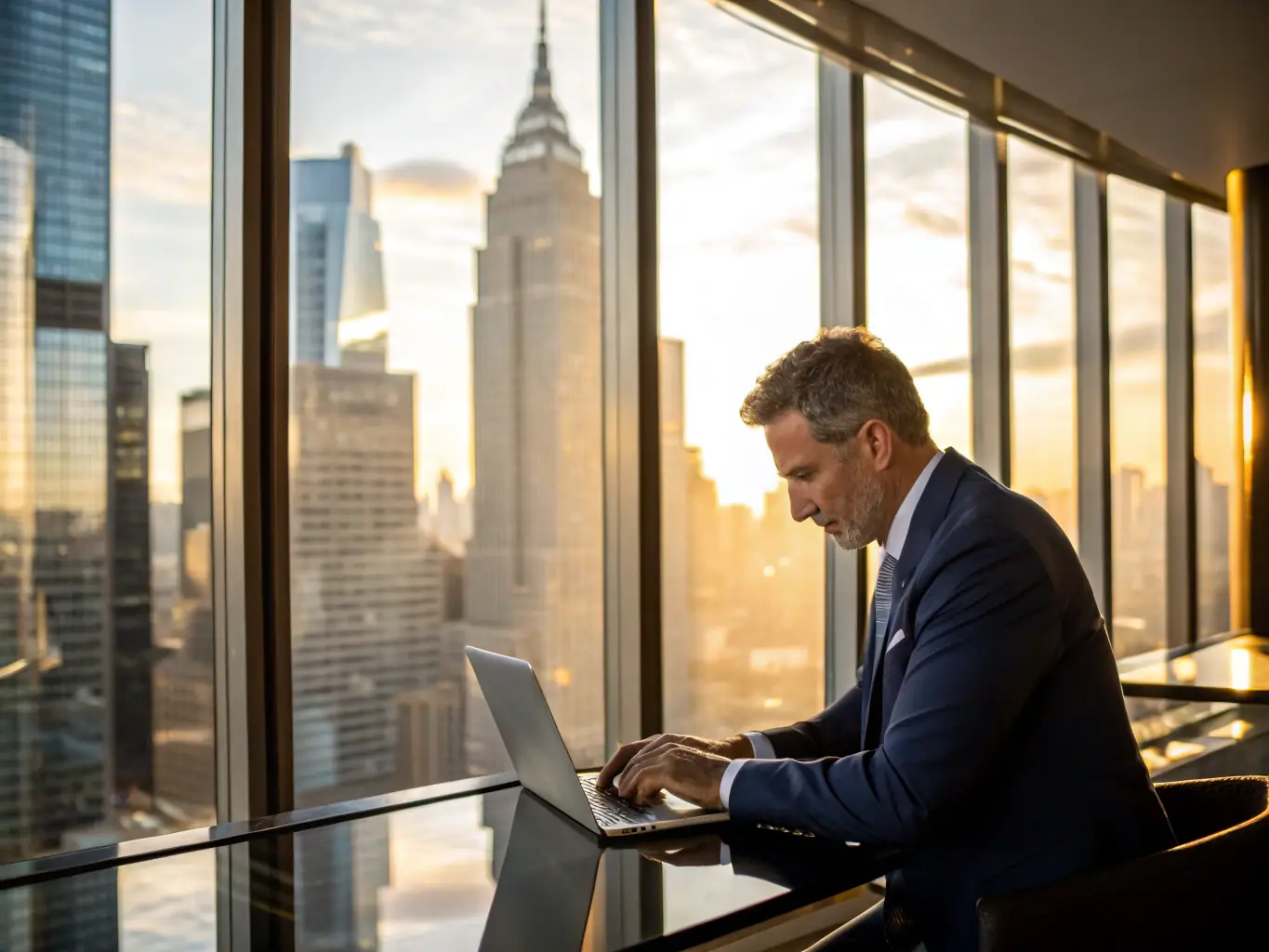 A professional British business leader looking thoughtfully out of a window in a modern office, contemplating strategic decisions.